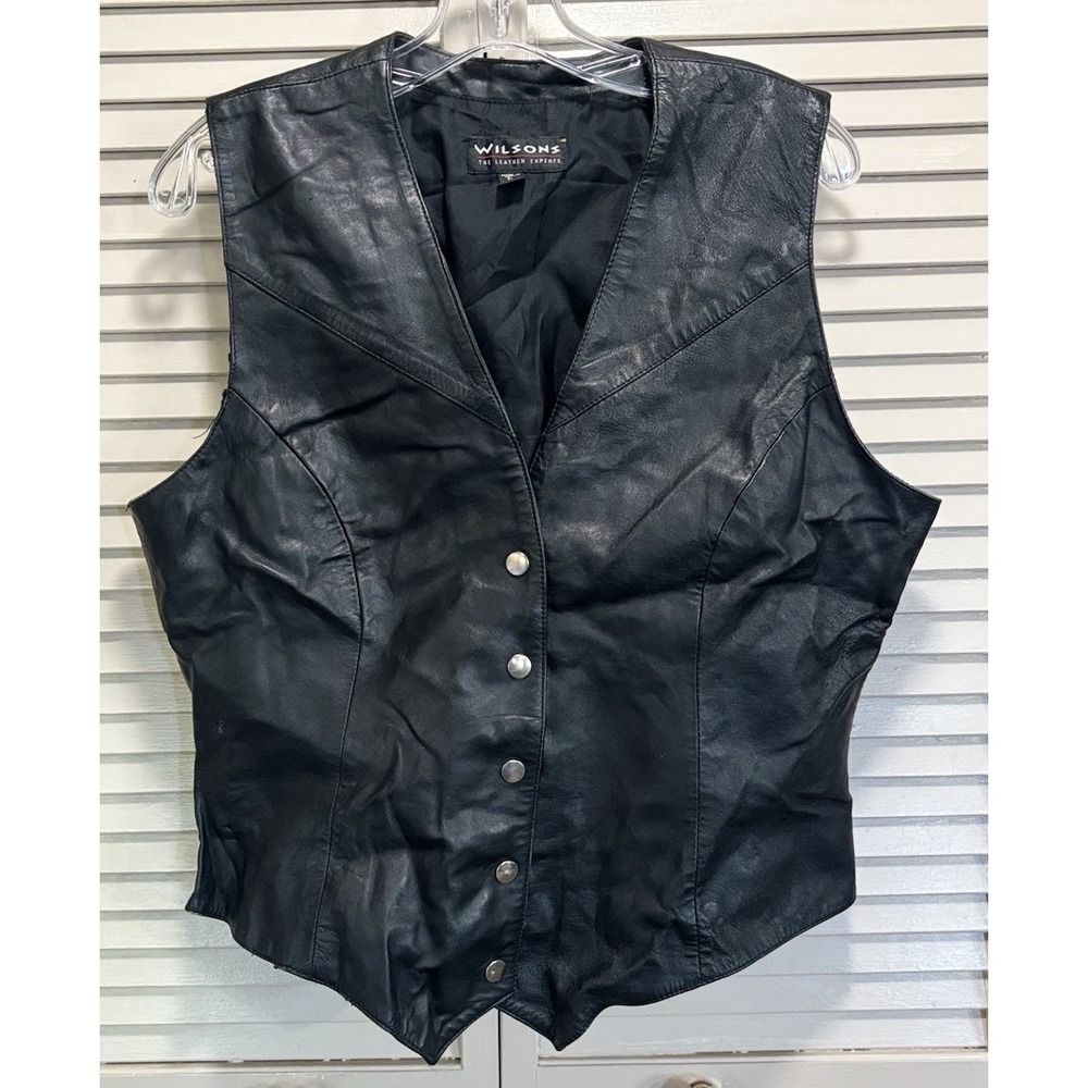 Black Wilson Leather Vest Size Large Snap Up Front Lined Back Belt Motorcycle